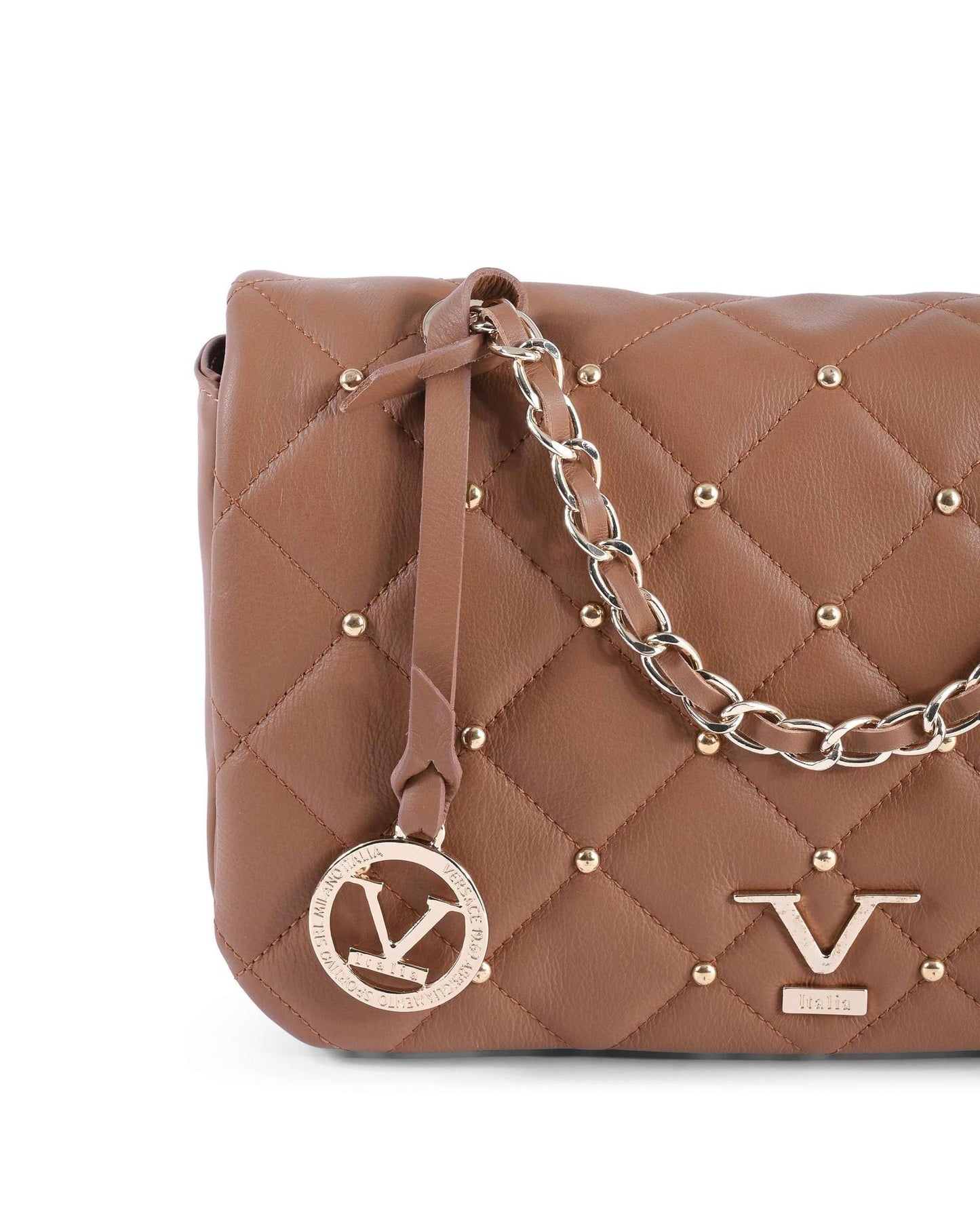 V Italia Brown Quilted Leather Shoulder Bag with Chain Strap - One Size