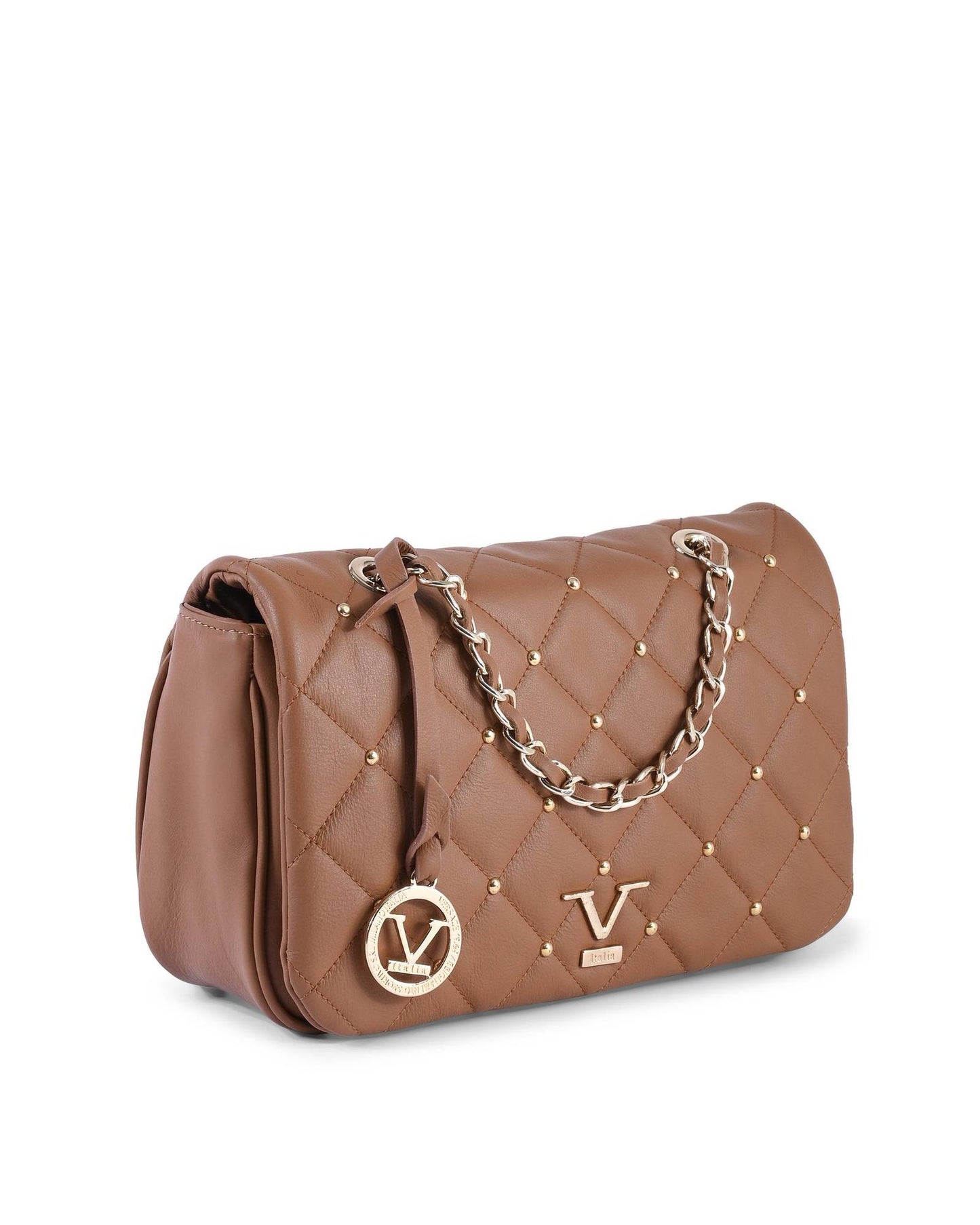 V Italia Brown Quilted Leather Shoulder Bag with Chain Strap - One Size