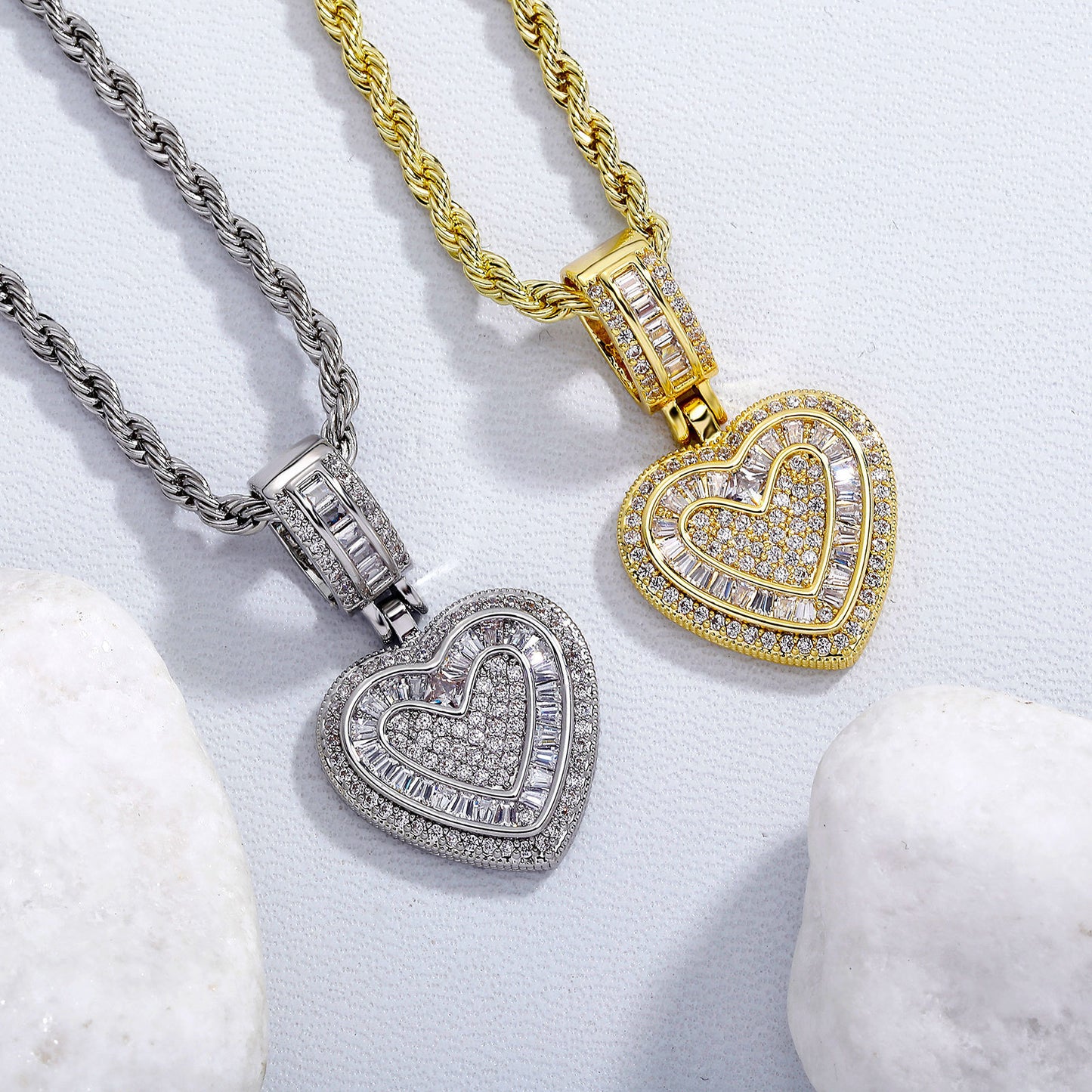 Iced Out Heart Pendant Necklace - 5A+ CZ Stones, 14K Gold Plated with Rope Chain(gold)