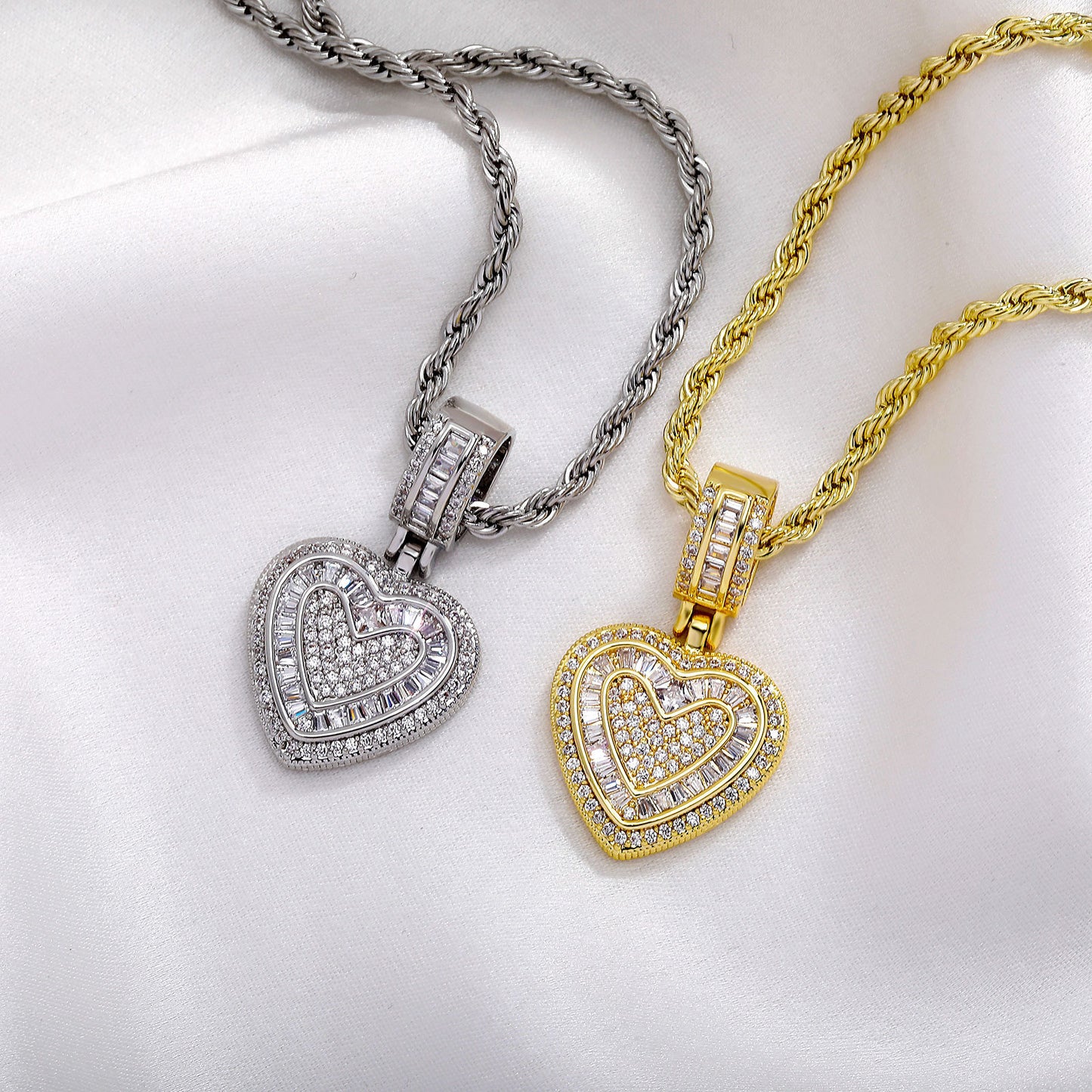 Iced Out Heart Pendant Necklace - 5A+ CZ Stones, 14K Gold Plated with Rope Chain(gold)